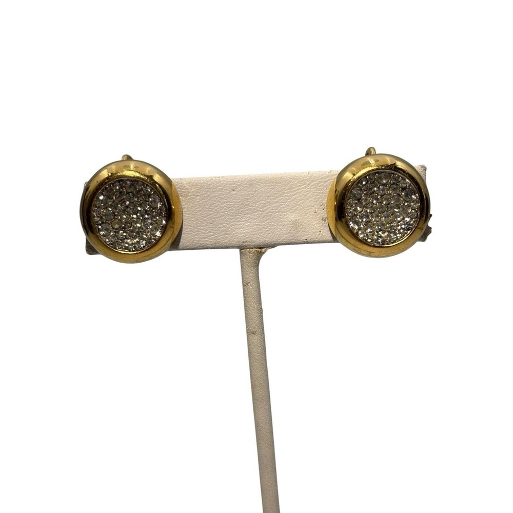 Vintage‎ Signed Trifari Crown Gold Tone Rhinestone Center Round Clip On Earrings